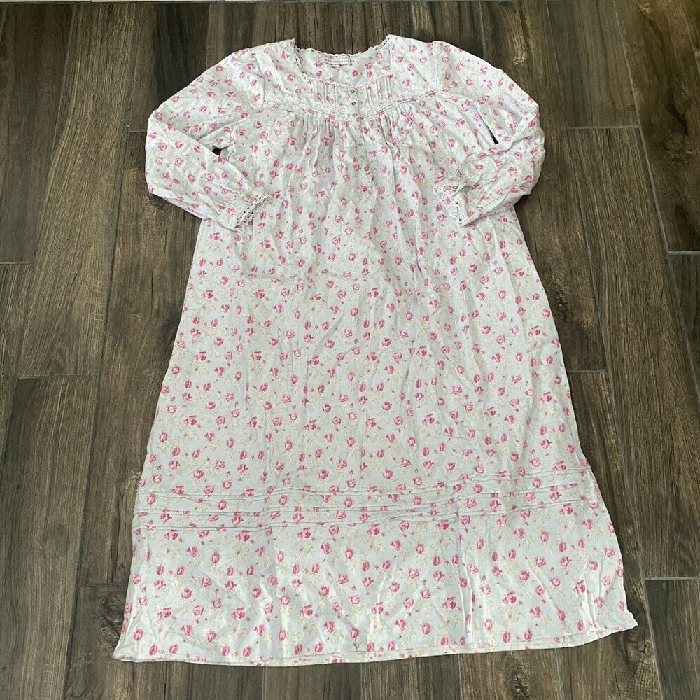 eillen west floral night gown Size Large Floral 1/4 Button Blue Pink  (056)